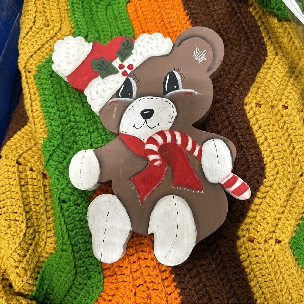 Vintage Hand-Painted Wooden Christmas Teddy Bear Holiday Decoration